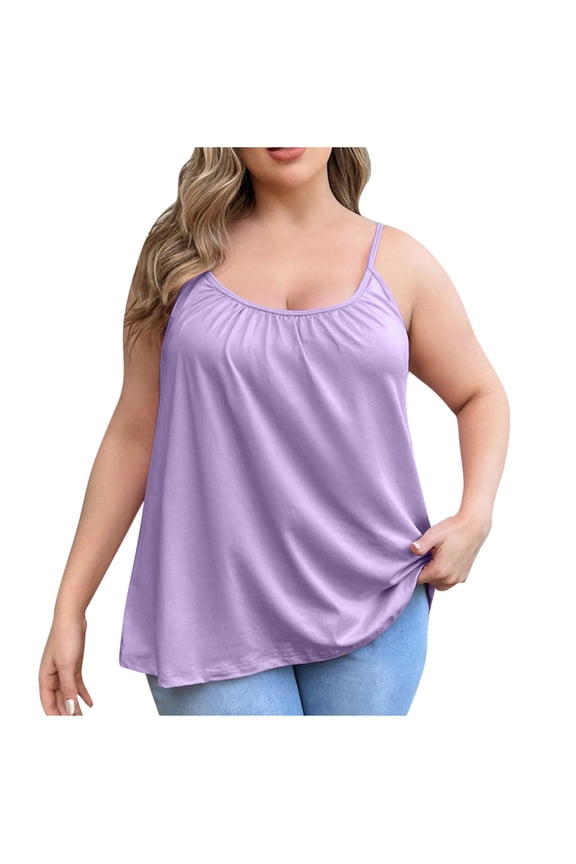 Plus Size Tank Top for Women with Built in Bra,Women's Basic Scoop Neck Sleeveless Shirts Summer Solid Color Outfits Beach Vacation Clothes for Women