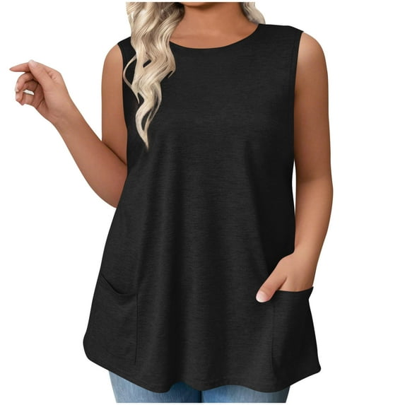 Taqqpue Plus Size Tank Tops for Women Summer Sleeveless Shirts Workout Top Casual Round Neck Pleated Blouse Flowy Loose Fit Solid Color T Shirts with Pockets