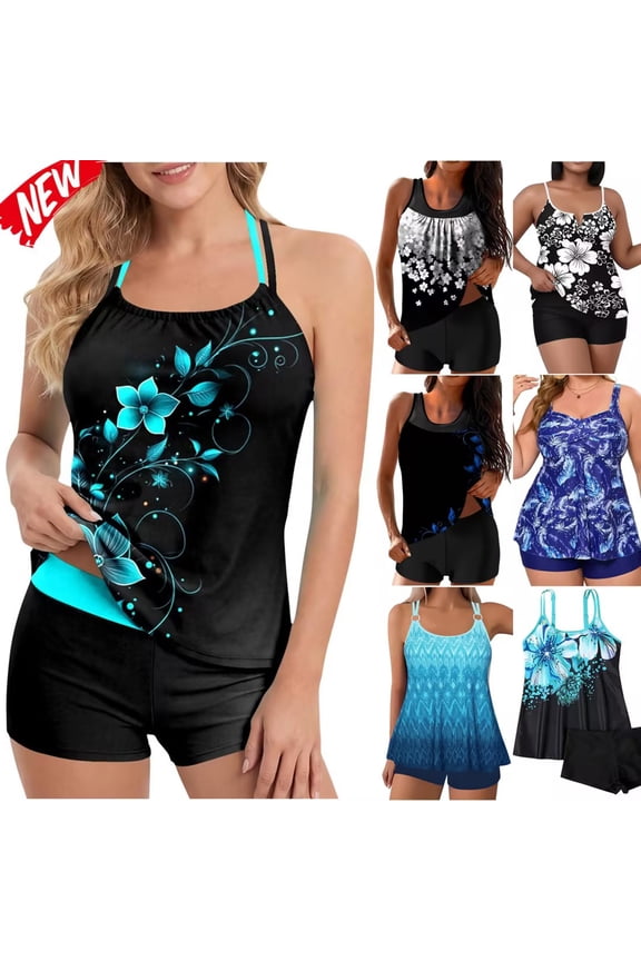 Plus Size Tankini Bathing Suits for Women Tummy Control Flowy Swimsuits Two Piece Athletic Swimwear Long Torso Tank Top with Sports Bra and Boyshorts Womens Swimsuits