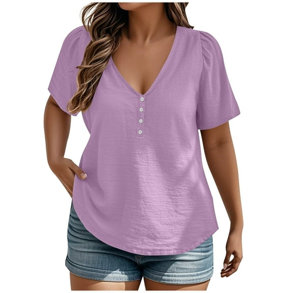 Taqqpue Plus Size Tops for Women Short Sleeve V Neck Henley T-Shirts Tops Casual Loose Fit Button Tunics Shirts Summer Ladies Basic Tee Shirts L-5XL