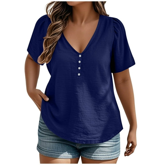 Taqqpue Plus Size Tops for Women Short Sleeve V Neck Henley T-Shirts Tops Casual Loose Fit Button Tunics Shirts Summer Ladies Basic Tee Shirts L-5XL