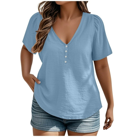 Taqqpue Plus Size Tops for Women Short Sleeve V Neck Henley T-Shirts Tops Casual Loose Fit Button Tunics Shirts Summer Ladies Basic Tee Shirts L-5XL