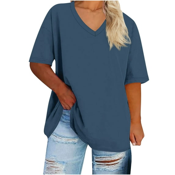 Taqqpue Plus Size Tops for Women Summer Casual Solid Color V Neck Short Sleeve Workout Blouse Tops Flowy Loose Fit Oversize T Shirts
