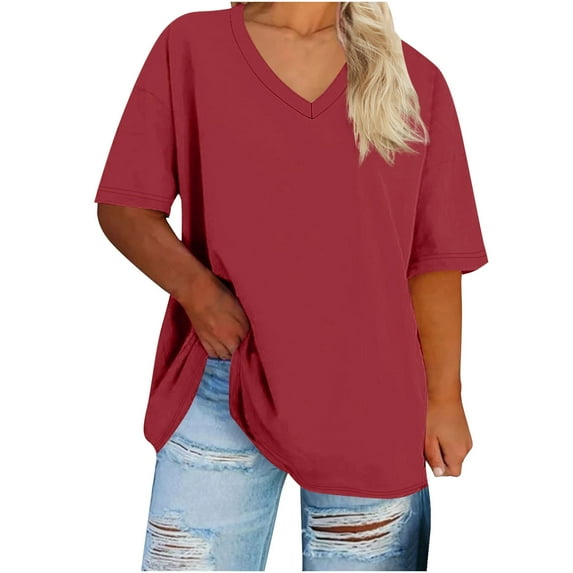 Taqqpue Plus Size Tops for Women Summer Casual Solid Color V Neck Short Sleeve Workout Blouse Tops Flowy Loose Fit Oversize T Shirts