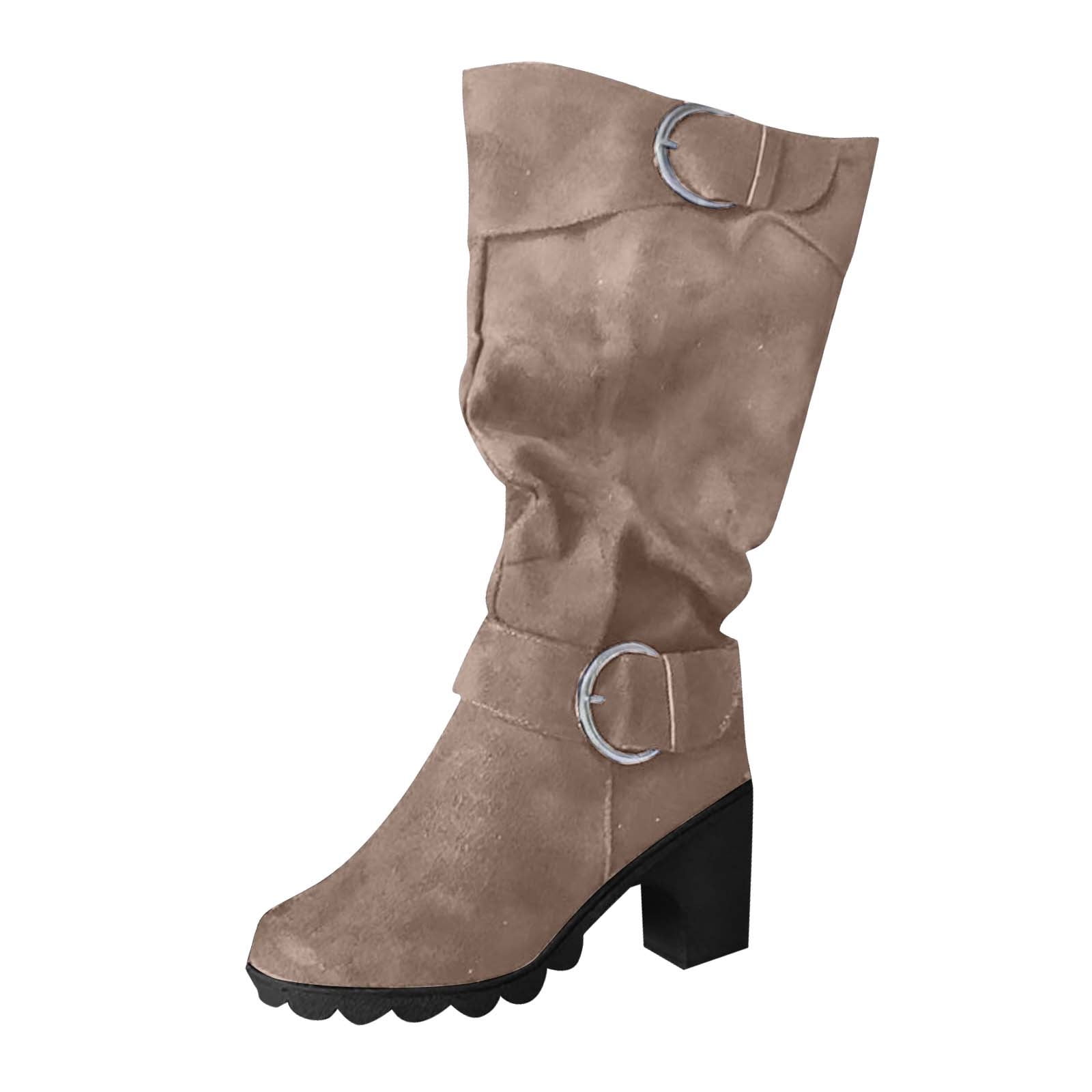 Taqqpue Riding Boots Women Knee High Slouch Round Toe Buckle