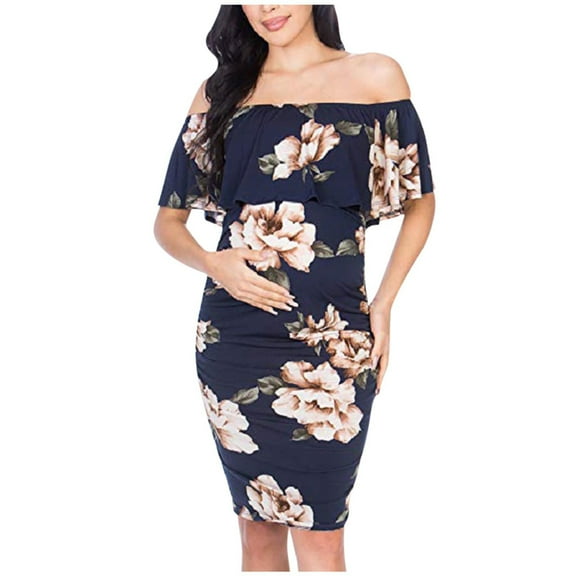 Taqqpue Ruffle Off Shoulder Fitted Maternity Dress Floral Printed Ruched Side Bodycon Dress Formal Pregnancy Dress for Baby Shower Photography