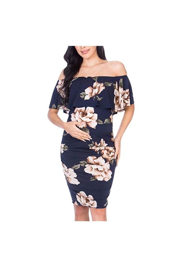 Ruffle Off Shoulder Fitted Maternity Dress Floral Printed Ruched Side Bodycon Dress Formal Pregnancy Dress for Baby Shower Photography