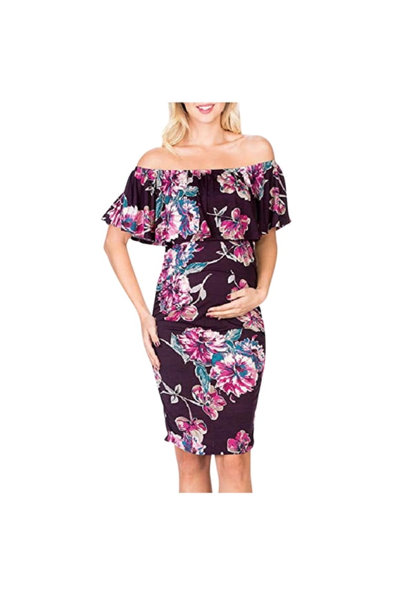 Ruffle Off Shoulder Fitted Maternity Dress Floral Printed Ruched Side Bodycon Dress Formal Pregnancy Dress for Baby Shower Photography