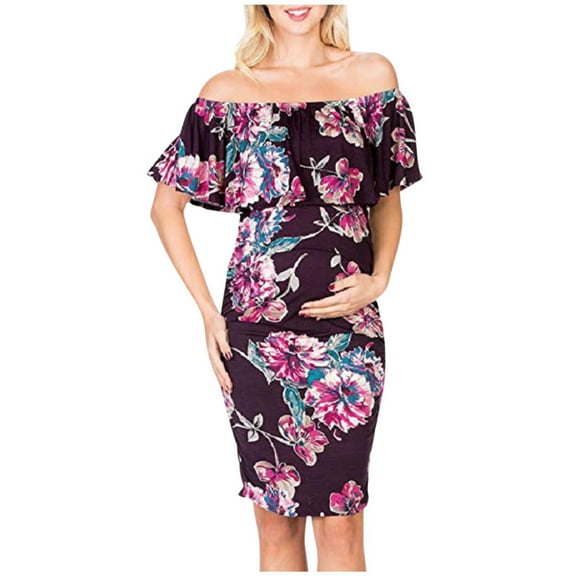 Taqqpue Ruffle Off Shoulder Fitted Maternity Dress Floral Printed Ruched Side Bodycon Dress Formal Pregnancy Dress for Baby Shower Photography