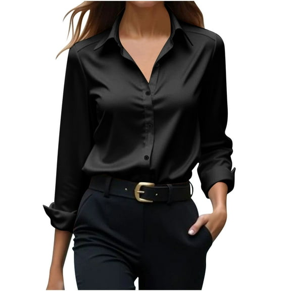 Taqqpue Satin Shirts for Women Casual Solid Color Long Sleeve V Neck Button Down T Shirts Silky Work Shirt Loose Fit Plus Size Blouse Tops