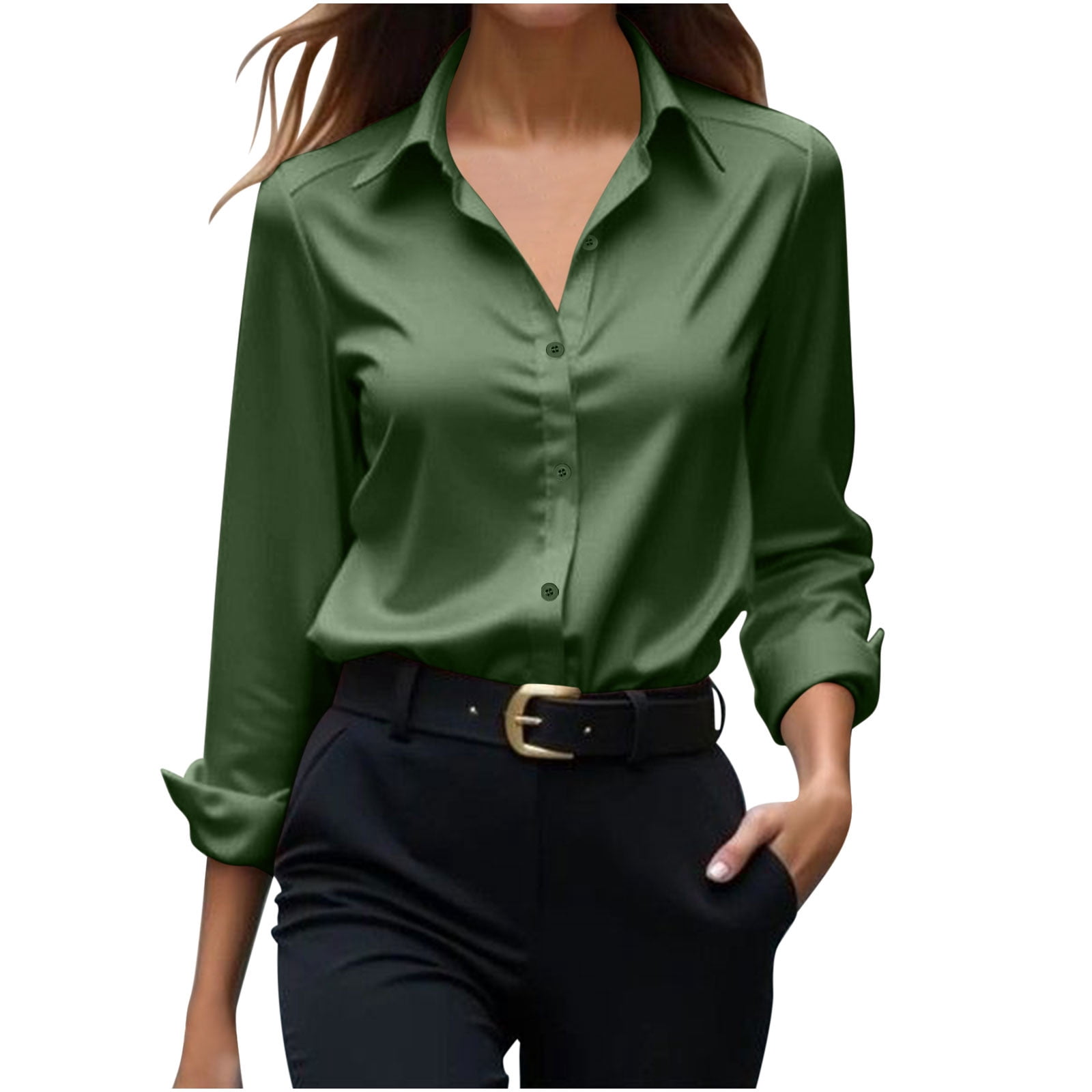 Satin Solid Color V-neck Tie Up Long Sleeve Loose Shirt