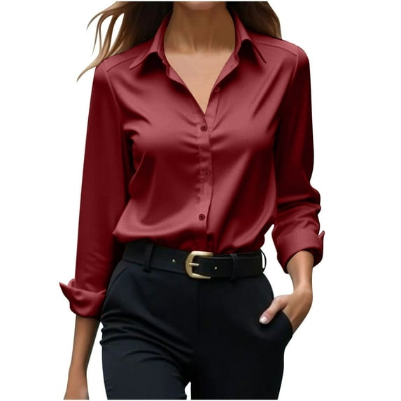 Taqqpue Satin Shirts for Women Casual Solid Color Long Sleeve V Neck Button Down T Shirts Silky Work Shirt Loose Fit Plus Size Blouse Tops