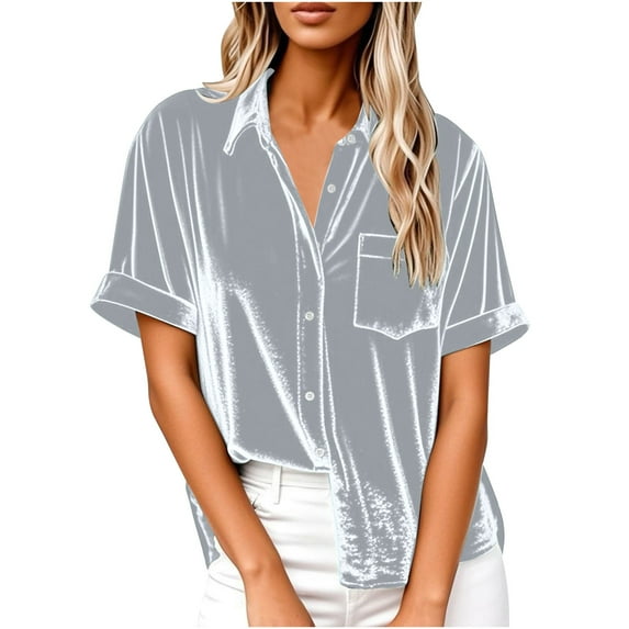 Taqqpue Short Sleeve Button Down Shirts for Women Casual Solid Color V Neck Velvet T Shirt Flowy Loose Fit Swing Plus Size Blouses Tops for Women with Pockets