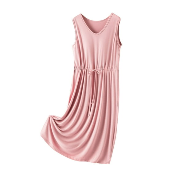 Taqqpue Sleeveless Nightgowns for Women Casual Solid Color V Neck Drawstring Long Sleep Shirt Loose Fit Lightweight NightShirts Flowy Plus Size Pajamas Dress with Built in Bar