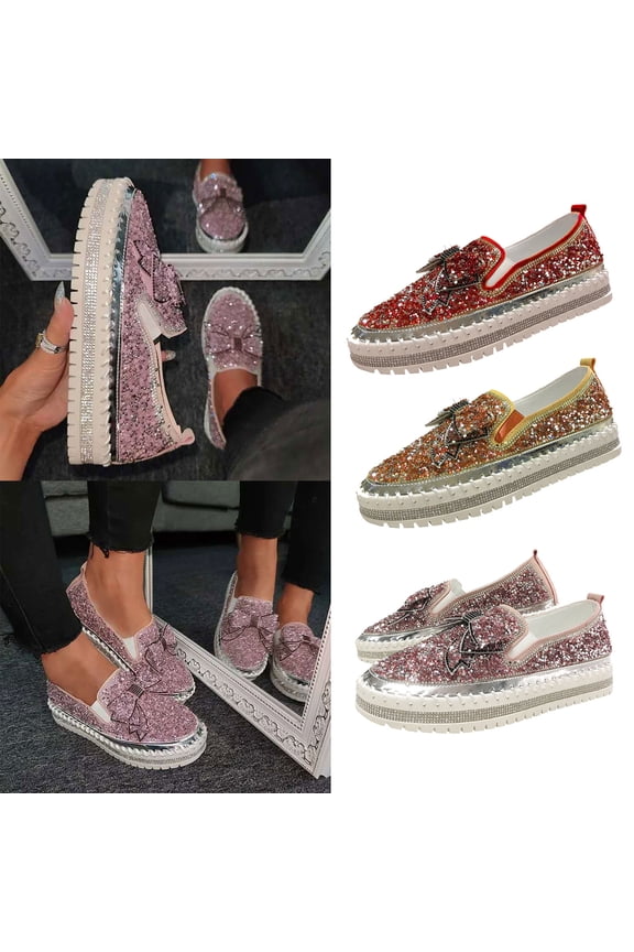 Sneakers for Women Walking Shoes Women's Fashion Slip-On Sneakers, Rhinestones Glitter For Women, Platform Loafers Cute Bowknot Flat Casual Shoes For Girls