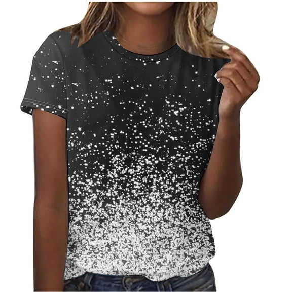Taqqpue Sparkling Crystal T-Shirts for Women Fashion Glitter Print Short Sleeve Tee Tops Dressy Crewneck Blouses Spring Tunic Shirts