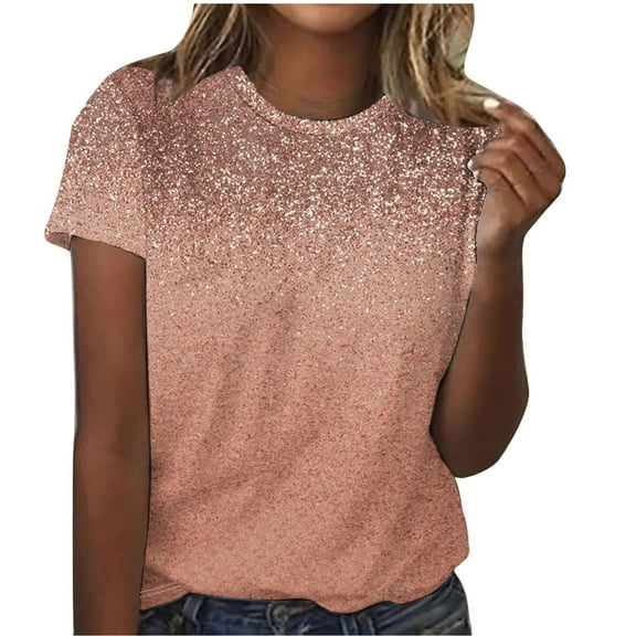 Taqqpue Sparkling Crystal T-Shirts for Women Fashion Glitter Print Short Sleeve Tee Tops Dressy Crewneck Blouses Spring Tunic Shirts