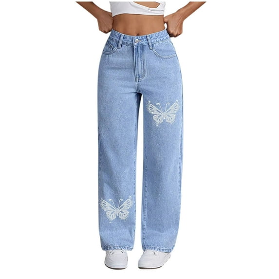 Taqqpue Straight Leg Jeans for Women Solid Color High Waisted Wide Leg Loose Stretchy Boyfriend Denim Pants Baggy Jeans for Women