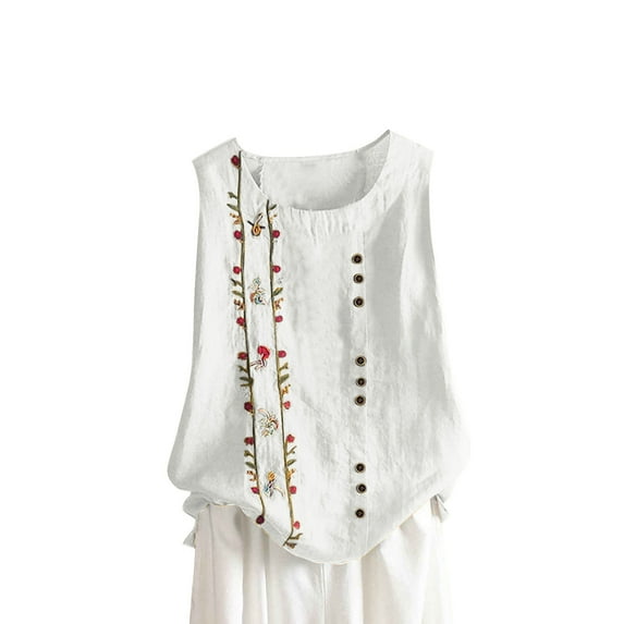 Taqqpue Summer Cotton Linen Tank Tops for Women Casual Solid Color Crew Neck Buttons Sleeveless Shirts Loose Fit Trendy Cute Floral Print Embroidered Blouse Tops