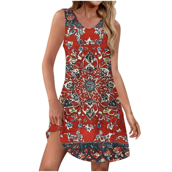 Taqqpue Summer Dresses for Women Floral Printed Loose Casual V Neck Sleeveless Sundresses Knee Length Vacation Beach Tank Dress Flowy Swing A Line Plus Size Midi Dresses