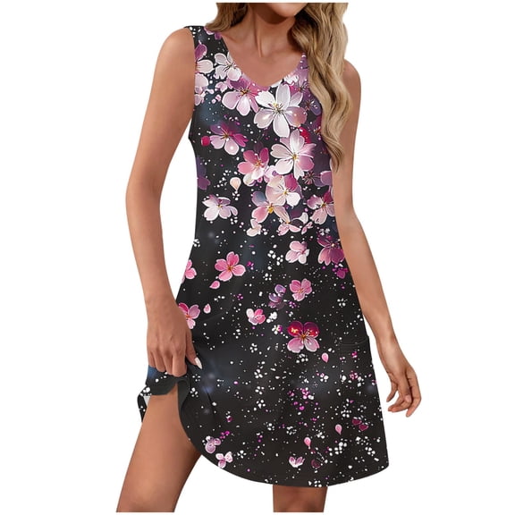 Taqqpue Summer Dresses for Women Floral Printed Loose Casual V Neck Sleeveless Sundresses Knee Length Vacation Beach Tank Dress Flowy Swing A Line Plus Size Midi Dresses