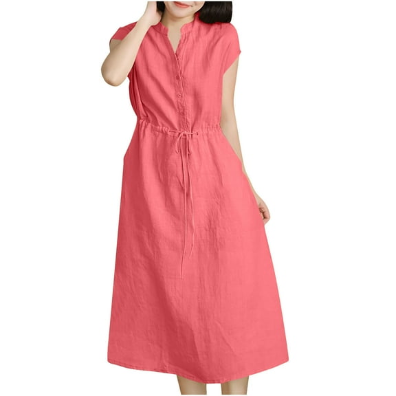 Taqqpue Summer Linen Dresses for Women Short Sleeve V Neck Button Casual Dress Tie Waist Flowy Loose Fashion Beach Vacation Midi Dresses