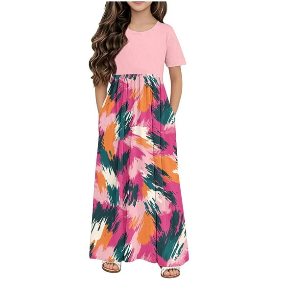 Taqqpue Summer Maxi Dresses for Girl Crew Neck Short Sleeve Beach Long Dress Casual Loose Flowy Tropical Print Sundress Swing A Line Plus Size Dresses 4-14Y