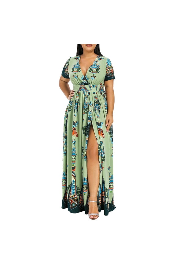 Summer Plus Size Dresses for Women Sexy Deep V-Neck Bohemian Maxi Dress Short Sleeve High Waisted Thigh Split Swing Dress Beach Party Dress Sundress