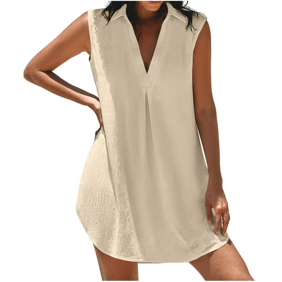 Taqqpue Summer Plus Size Dresses for Women Casual Solid Color V Neck Sleeveless Collared Shirt Dress Knee Length Shift Dresses Sundress