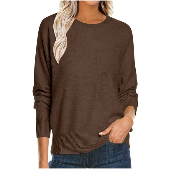 Taqqpue Sweaters for Women Knitted Ribbed Casual Long Sleeve Crew Neck Pullover Fall Solid Color Basic Outfits Tops with Pockets