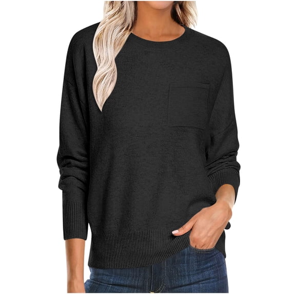 Taqqpue Sweaters for Women Knitted Ribbed Casual Long Sleeve Crew Neck Pullover Fall Solid Color Basic Outfits Tops with Pockets