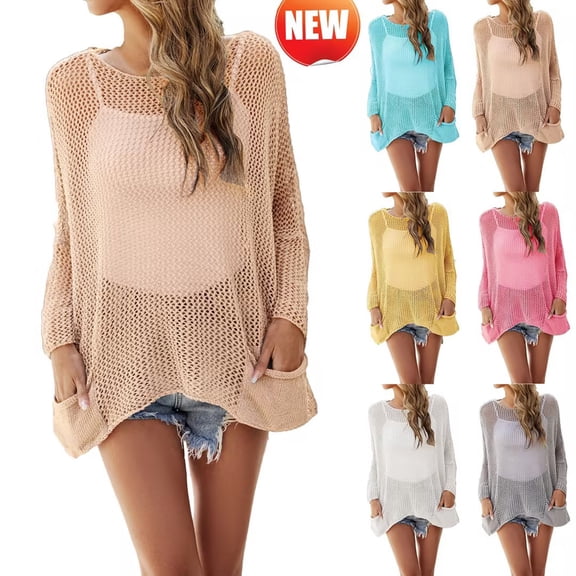 Taqqpue Swimsuit Cover Up for Women Crochet Bathing Suit Summer Swimwear Long Sleeve V Neck Mesh Knit Beach Dress Vacation Outfits