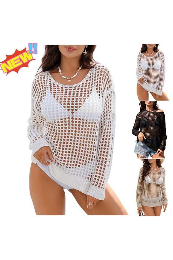 Swimsuit Cover Up for Women Solid Color Crochet Bathing Suit Summer Swimwear Crew Neck Mesh Knit Dress 2026 Beach Vacation Clothes