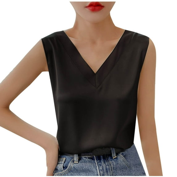 Taqqpue Tank Top for Women Satin Tank Tops V Neck Camisole Tops Dressy Casual Blouses Sleeveless Silk Shirts Loose Fit Solid Going Out Tops Cami Shirts