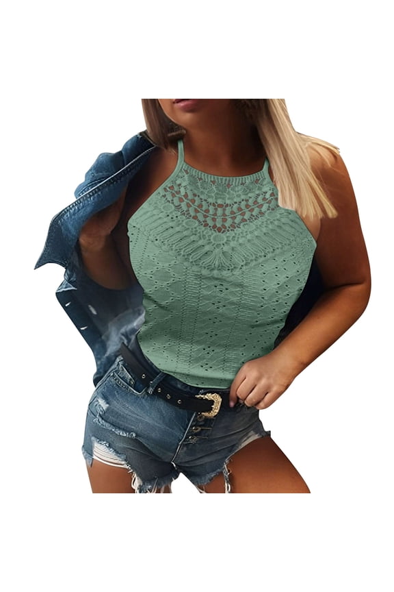 Tank Top for Women Loose Fit High Neck Sleeveless Halter Tops Casual Hollow Out Eyelet Summer Flowy Cami Shirts Blouse