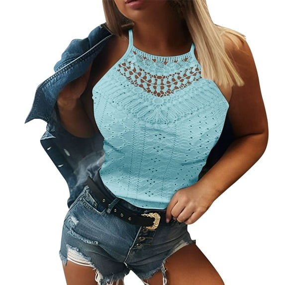 Taqqpue Tank Top for Women Loose Fit High Neck Sleeveless Halter Tops Casual Hollow Out Eyelet Summer Flowy Cami Shirts Blouse