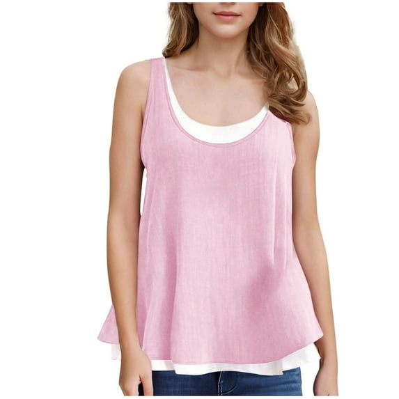 Taqqpue Tank Tops for Girl Flowy Crewneck Shirts Cotton Linen Fake Two Piece Going Out Tunic Tops Loose Fit Summer Solid Sleeveless Tops 5-14 Years