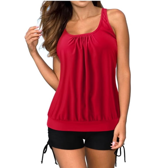 Taqqpue Tankini Bathing Suits for Women Two Pieces Tummy Control Blouson Tankini Swimsuit Top with Boyshorts Plus Size Athletic Swimwear Solid Color Tankini Top with Shorts