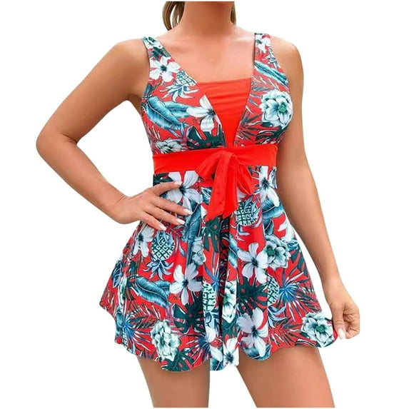Taqqpue Tankini Swimsuits for Women 2024 Two Piece Modest Tankini Bathing Suits Padded High Waist V-Neck Floral Printed Flowy Tummy Control Swim Dress with Swim Briefs