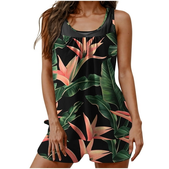 Taqqpue Tankini Swimsuits for Women 2025 Two Piece Tummy Control Swimsuits Blouson Flowy Floral Swim Tank Top with Boyshorts S-2XL
