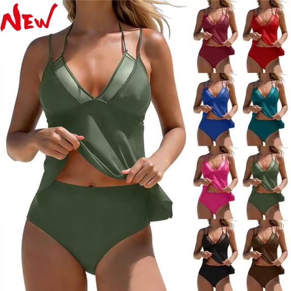 Taqqpue Tankini Swimsuits for Women Two Piece Bathing Suits Blouson Flowy Top Beach Vacation Swimwear with Bikini Swim Suit Bottom