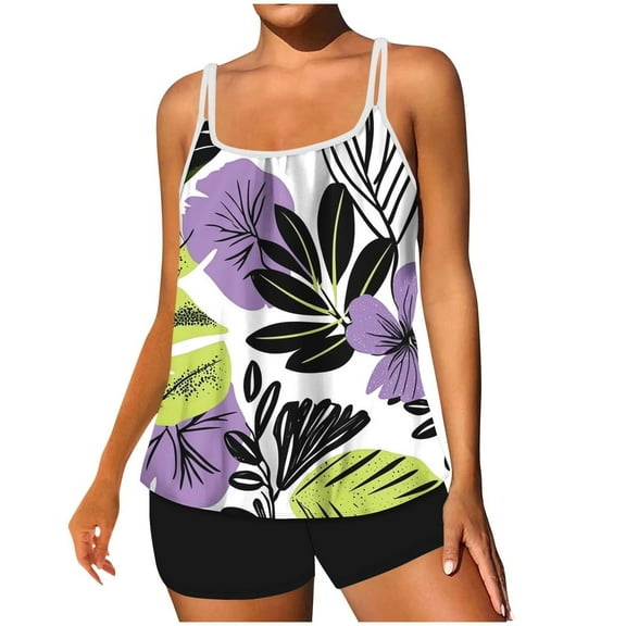 Taqqpue Tankini Swimsuits for Women Two Piece Tummy Control Swimsuits Flowy Blouson Floral Swim Tank Top with Boyshorts S-2XL