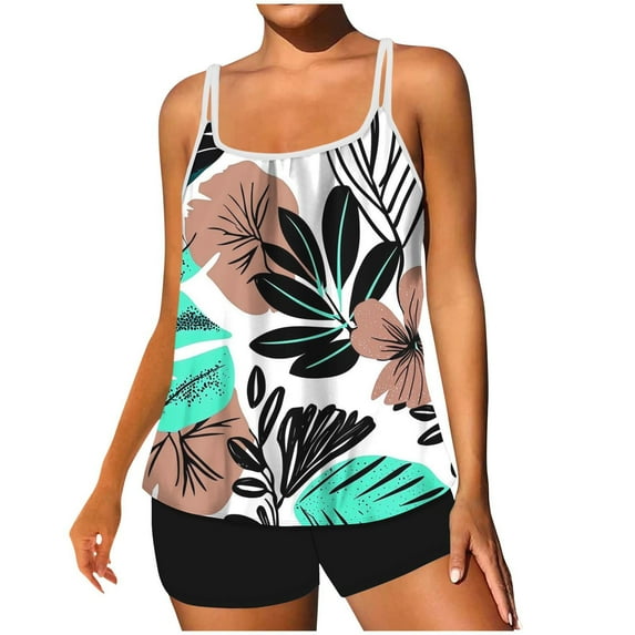Taqqpue Tankini Swimsuits for Women Two Piece Tummy Control Swimsuits Flowy Blouson Floral Swim Tank Top with Boyshorts S-2XL