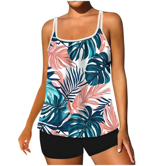 Taqqpue Tankini Swimsuits for Women Two Piece Tummy Control Swimsuits Flowy Blouson Floral Swim Tank Top with Boyshorts S-2XL