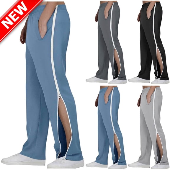 Taqqpue Tear Away Pants for Men Solid Color Side Zipper Lightweight Pants Zip Leg Sweatpants with Pockets for Basketball Knee/Leg Post-Surgery