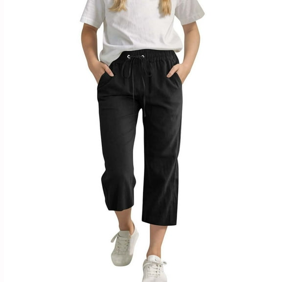 Taqqpue Teen Girls Pants Cotton Linen Capri Pants Kids Summer Cropped Preppy Lounge Pant Loose Fit Casual Hiking Pants Quick Dry Travel Summer Pants Cozy Lightweight Drawstring Baggy Trousers