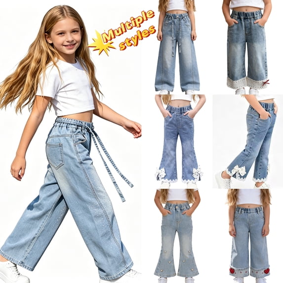 Taqqpue Toddler Girls Baggy Jeans 1-14Y, Y2K Vintage Elastic Waist Wide Leg Jeans, Trendy Denim Pants with Pockets for Girls 1-16 Years
