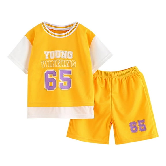 Taqqpue Toddler Kid Basketball Jersey Outfit 2 Pack Sets Baby Boy Girl Letters Short Sleeve Top   Track Shorts Sets Boy Summer Clothes (1T-12Y)