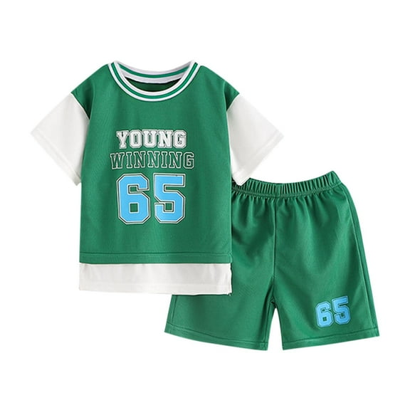 Taqqpue Toddler Kid Basketball Jersey Outfit 2 Pack Sets Baby Boy Girl Letters Short Sleeve Top   Track Shorts Sets Boy Summer Clothes (1T-12Y)