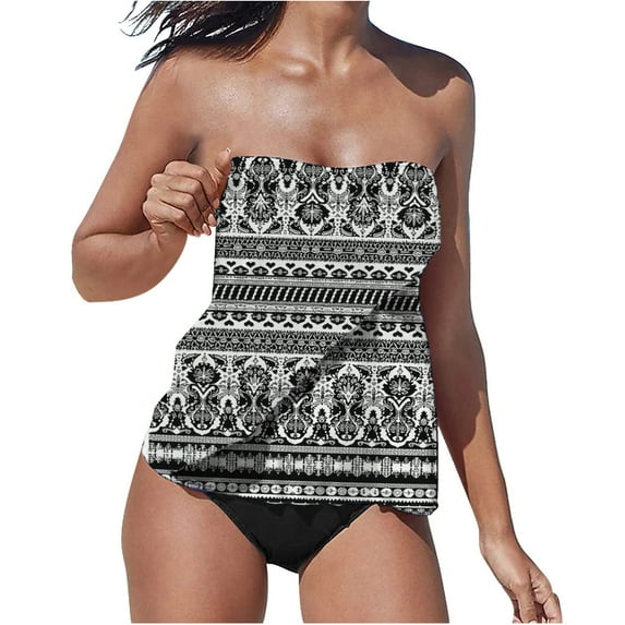 Taqqpue Two Piece Bandeau Tankini Swimsuits for Women Loose Blouson Swim Top with Bikini Bottom Tummy Control Bathing Suits Floral Strapless Swimwear Beach vacation clothes